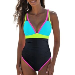 NWT popvil Neon Color Block One Piece Swimsuit Tummy Control Deep V Large